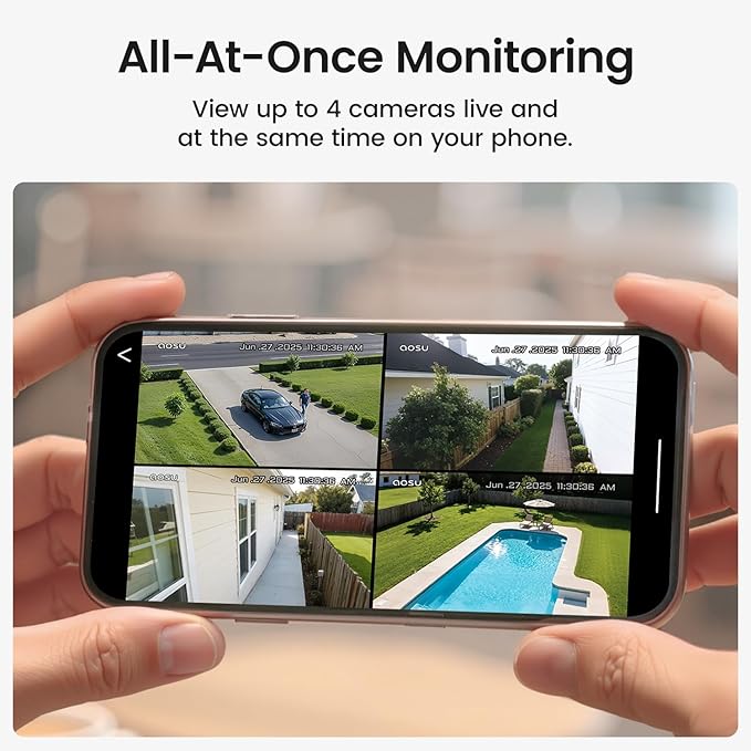 aosu Security Cameras Outdoor Wireless, 4 Cam-Kit, No Subscription, Solar-Powered, Home Security Cameras System with 360° Pan & Tilt, Auto Tracking, 2K Color Night Vision, Easy Setup, 2.4 & 5GHz WiFi