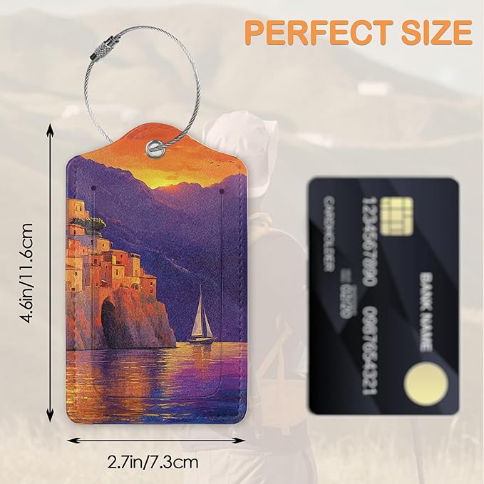 Retro Seaside Village 3 PCS PU Leather Luggage Tags for Suitcase, Sunset Luggage Tag with Privacy Flap, Name ID Label and Metal Loop for Women Men Baggage Handbag School Bag Backpack