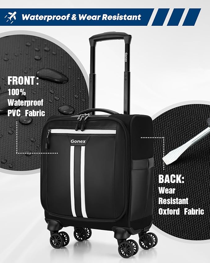 Gonex 16 inch Underseat Carry On Luggage with Spinner Wheels, Water Resistant PVC Wheeled Travel Bag Airline Approved, Softside Small Rolling Personal Item Suitcase for Men Women, Black