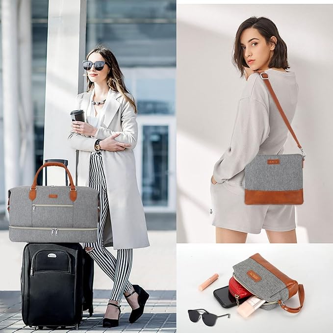 Weekender Bag for Women, Travel Duffel Bag Carry On Overnight Bag with Shoe Compartment Large Nylon Travel Weekend Tote Bag