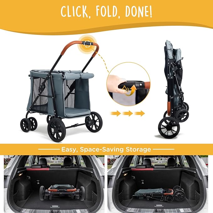 Scout Pet Stroller, 4-Wheel Design for Small/Medium Dogs - One-Button Fold, Adjustable Mesh Windows & Shades, 360° Swivel Front Wheels, Rear Wheel Brake for Safety