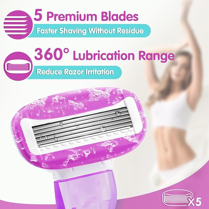 DreamGenius Travel Razors for Women Include 1 Handle and 5 Cartridges, Extra Smooth 5-Blade Travel Essentials Razor with Case for Shaving, Purple