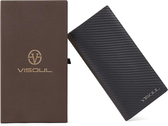 VISOUL Mens Leather Long Checkbook Bifold Wallets with RFID Blocking, Carbon Fiber Leather Tall Wallets for Men (Black+Black)