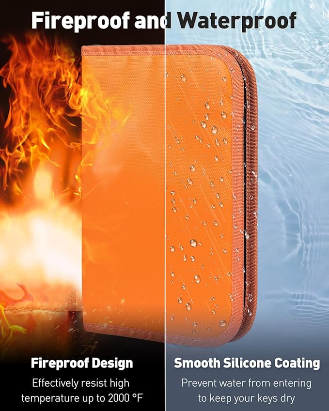 Uniclife Zippered Key Case Organizer Waterproof and Fireproof Orange Key Binder with 24 Hooks and Tags Portable Key Storage Book for Offices Real Estate Agencies Hotels and Rental Management (Orange)