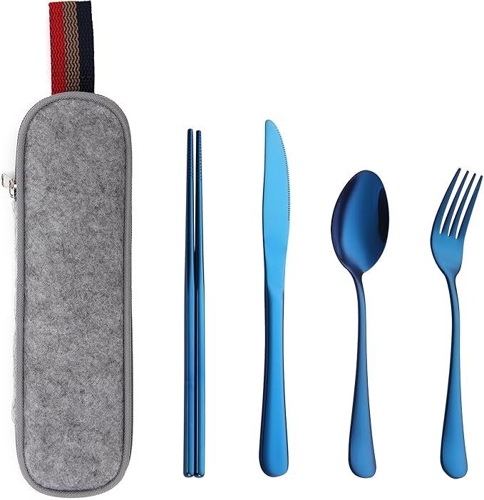 DEVICO Camping Utensils, Portable Travel Utensils with Case, Stainless Steel Reusable Silverware for Lunch Adult, 5Pcs Cutlery Set Includes Knife Spoon Fork Chopsticks and Case (Blue)