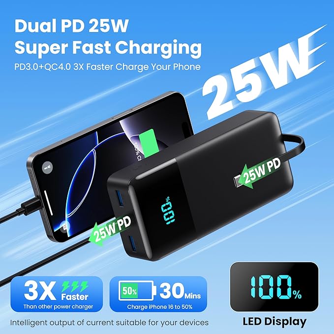 Portable Charger 50,800mAh Power Bank, 25W PD QC 4.0 Fast Charging Portable Phone Charger with Built-in Cables,LCD Display USB C Battery Pack Compatible with iPhone 16/15/14,Android Samsung