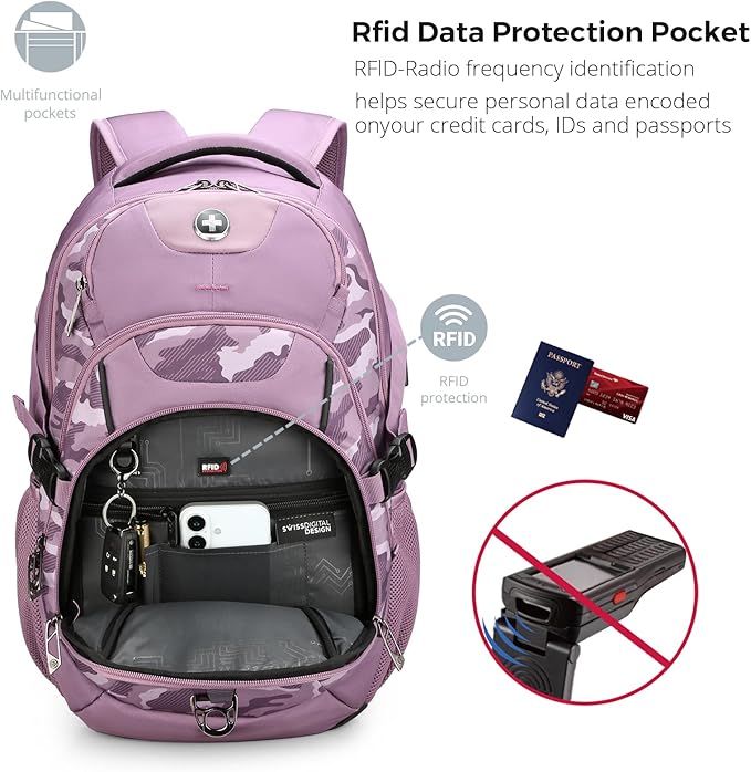 Swissdigital Design Laptop Backpack with USB Charging Port, Travel Backpack Fits 15.6 inches Computer, 31L College School Backpack for Men, Pink Camo | SD803