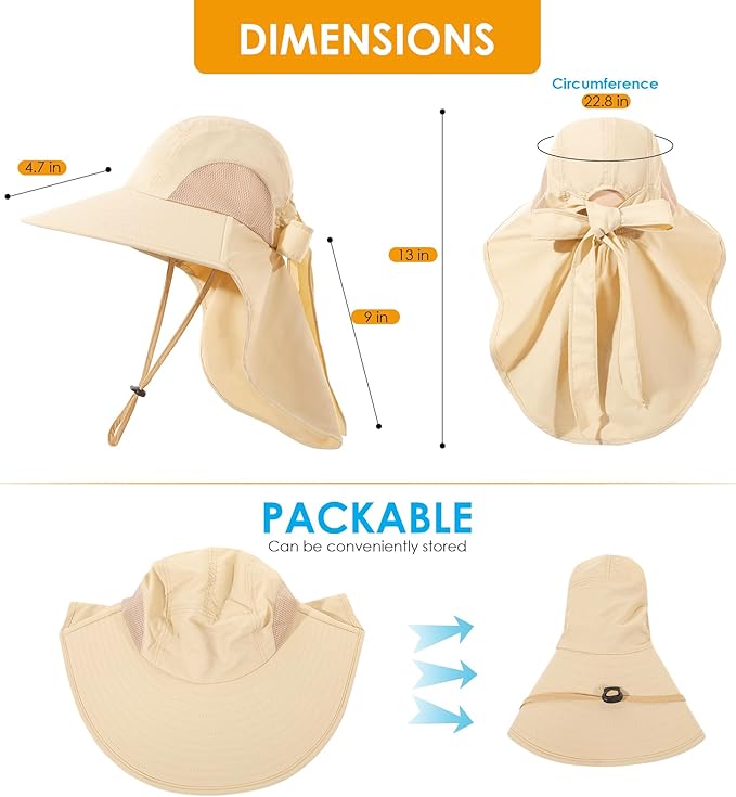 Womens Sun Hat UV Protection, Foldable Waterproof Wide Brim Bucket Hats with Neck Flap for Summer Beach Fishing Hiking