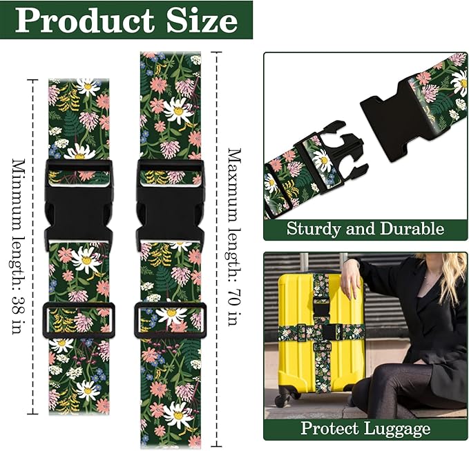 Wildflowers Luggage Straps for Suitcases TSA Approved, Luggage Identifiers for Suitcase, Adjustable Suitcase Strap for Baggage Security with Cute Patten, Travel Necessary Accessories (2Pack)
