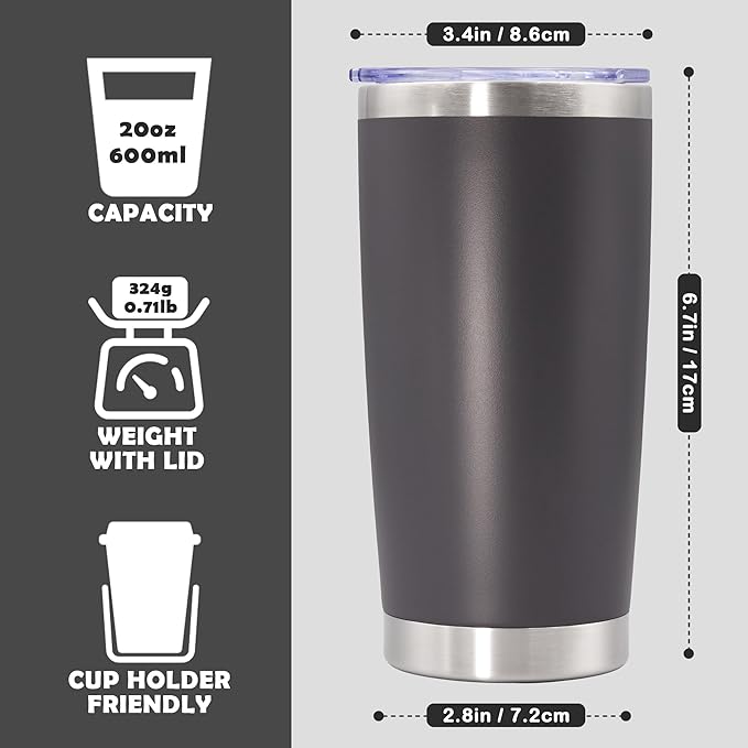 20oz Tumbler Stainless Steel Tumbler Cup with Lid Vacuum Insulated Double Wall Travel Mug, Durable Powder Coated Travel Coffee Tumbler Mug for Hot & Cold Drinks, Grey,4 Pack