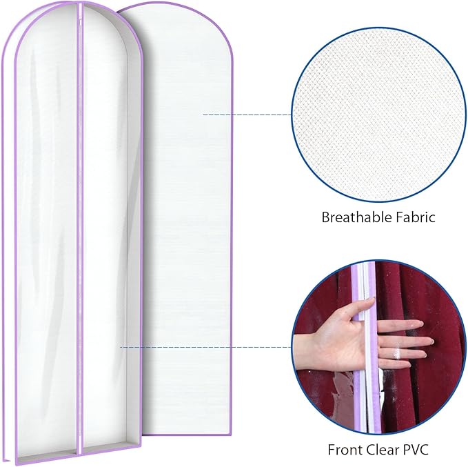 Zilink Breathable Dress Bags for Gowns 72" Clear Wedding Dress Garment Bag Dress Bags for Hanging Clothes with 4" Gussted for Long Evening Dresses, Fur Coat, Long garment Bags for Gowns, Set of 2