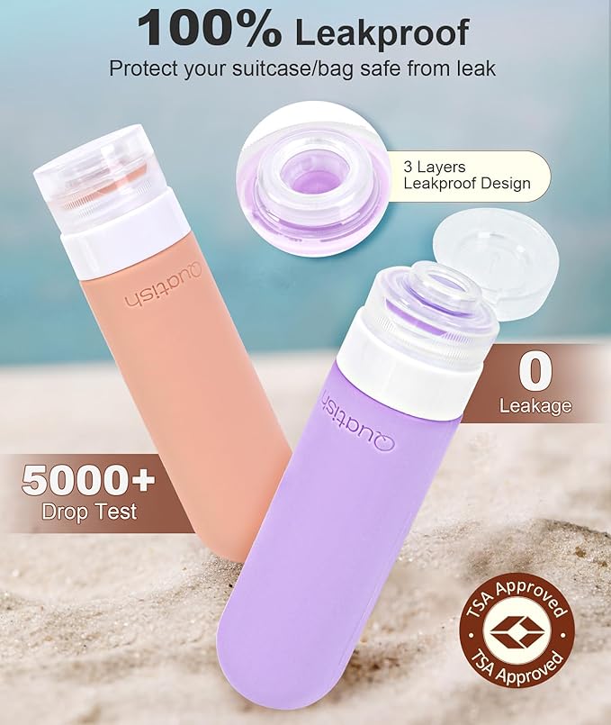 Quatish Travel Bottles for Toiletries, Original Patented Leak Proof Travel Size Toiletries, 3 oz Tsa Approved Silicone Shampoo and Conditioner Bottles, Travel Essentials, 4 Pack, Pink