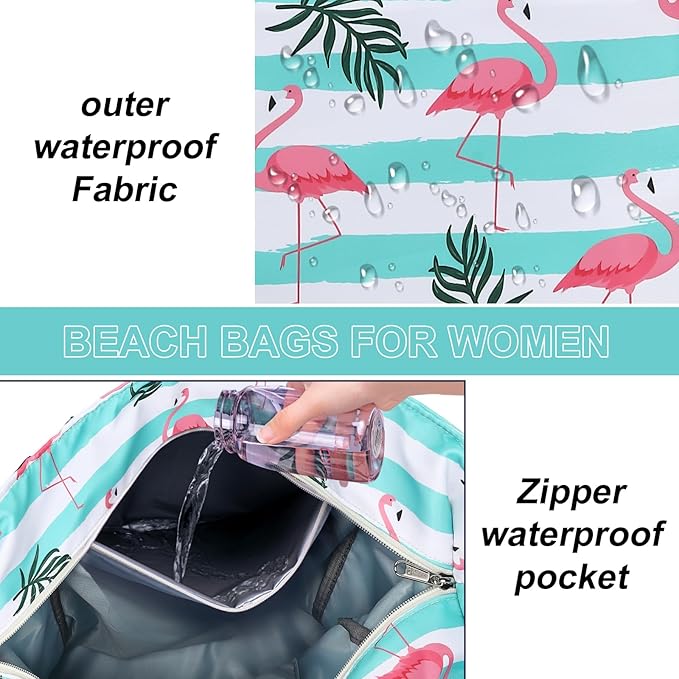 LEDAOU Beach Bag Waterproof Sandproof Women Tote Bag Pool Bag with Zipper for Gym Grocery Travel with Wet Pocket