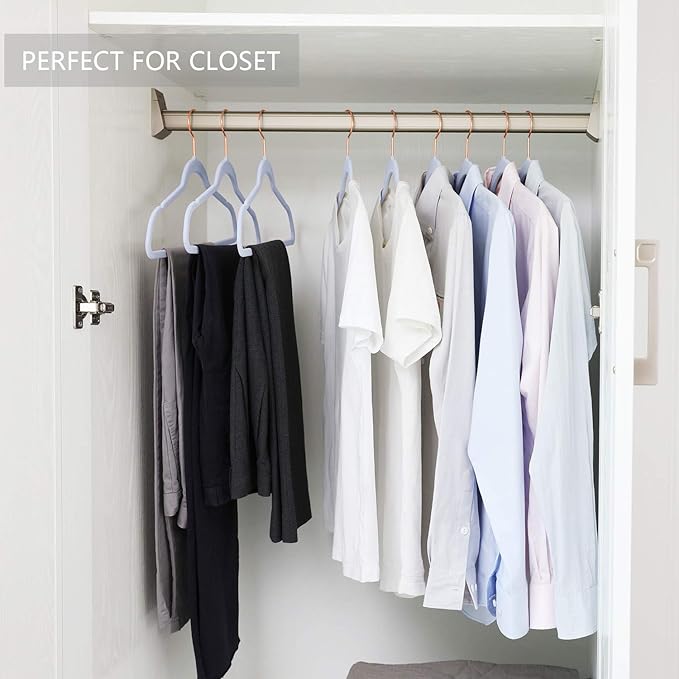 MIZGI Premium Velvet Hangers (50 Pack) Heavy Duty - Non Slip Felt Hangers - Velvet Suit Hanger Light Blue - Rose Gold Hooks,Space Saving Clothes Hanger
