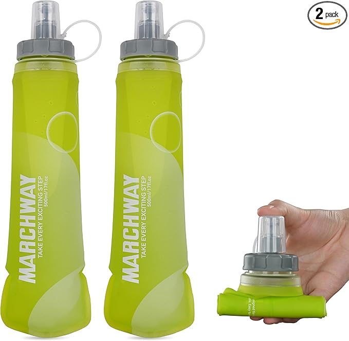 MARCHWAY Soft Hydration Flask with Wide Mouth, 300ml/500ml Collapsible TPU Water Bottle, Leakproof Portable Flexible for Running, Hiking, Cycling, Climbing, Gym, Travel (2pcs Yellow 500ml)