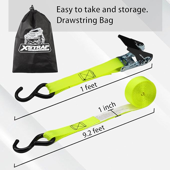 XSTRAP STANDARD Ratchet Tie Down Straps 4 Pk 10 Ft- 300 Lbs Load Cap- 900 Lbs Break Strength-Cargo Straps for UTV, ATV, Pickup,Truck, Moving Appliances, Lawn Equipment, Yellow