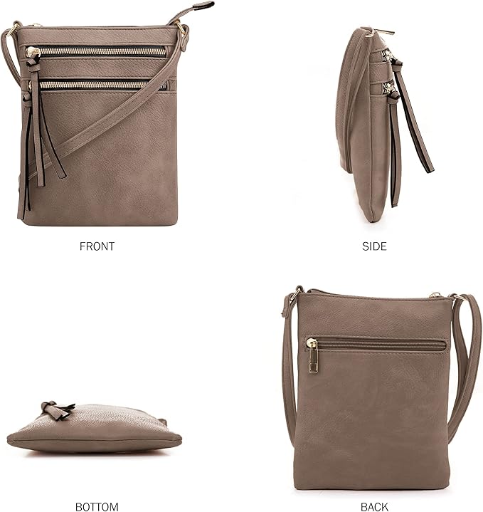 DELUXITY | Crossbody Purse Bag | Functional Multi Pocket Double Zipper Purse | Adjustable Strap | Medium Size Purse |Dark Taupe