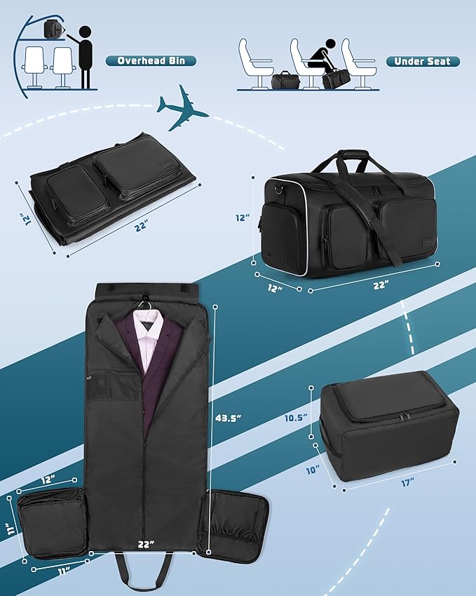 50L Convertible Garment Duffle Bag Backpack with Inner Removable Bag and Shoe Compartment, Travel Suit Bag for Business or Wedding Trips, Black