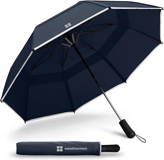 Weatherman - Premium Collapsible Small Travel Umbrella - Windproof, Resists Up to 55 MPH Winds - Compact, Portable, Easy Auto Open with Strong Fiberglass Frame - Folding Umbrella for Rain and Wind (Steel Blue)