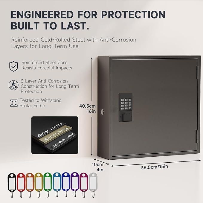 WeHere Smart Key Lock Box, Wall Mounted Key Cabinet with 120 Key Tags, Bluetooth App Control, OTP & Password Unlock, Wi-Fi Remote Unlock (Bridge Required), Steel Key Safe for Office Home Business