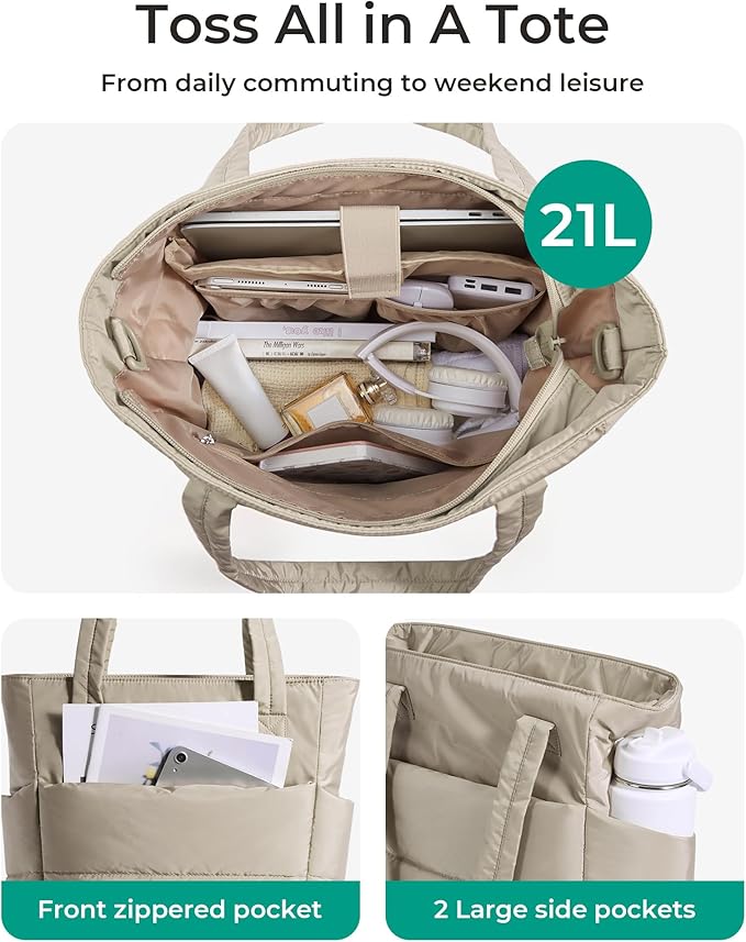 BAGSMART Tote Bag for Women, Lightweight Puffy Tote Bag with Compartments Shoulder Bag Handbag for Travel, Work, Gym,