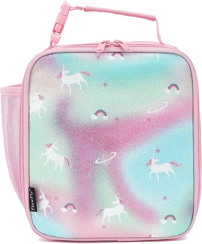 FlowFly Kids Lunch box Insulated Soft Bag Mini Cooler Back to School Thermal Meal Tote Kit for Girls, Boys, Glitter-Unicorn