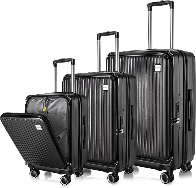 Luggage Sets 3 Piece, ABS Lightweight 20in/24in/28in Luggage, Expandable Carry On Suitcase Set with TSA Lock & Double Wheels, Front Open Hardshell Luggage Sets (Black)