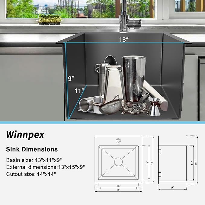 15 x 15 inch Drop in Bar Sink Black, Gunmetal Black Bar Sink 18 Gague Topmount Single Bowl Small Kitchen Sink with Basket Strainer Drain & Bottom Grid