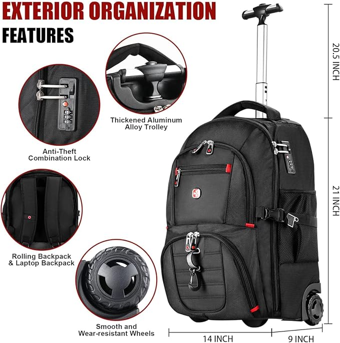 star cloud 21x14x9 Rolling Backpack with Wheels - Water-Resistant, 17.3" Laptop Compartment, Ideal Carry-On for Overnight Travel, College, Work - Wheeled Business Backpack for Adults