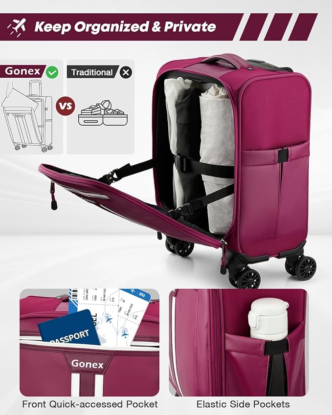 Gonex 16 inch Underseat Carry On Luggage with Spinner Wheels, Water Resistant PVC Wheeled Travel Bag Airline Approved, Softside Small Rolling Personal Item Suitcase for Men Women, Purple