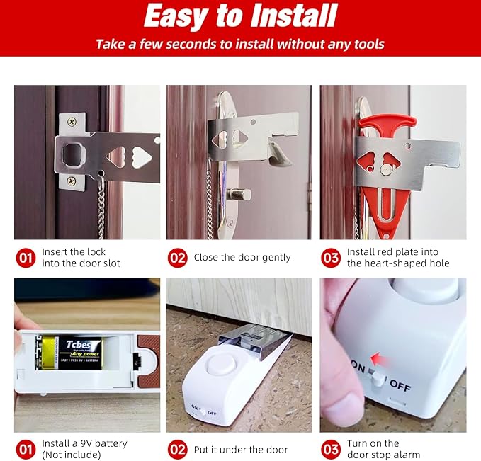 Portable Door Stop Alarm and Traveling Hotel Door Lock, No Installation Required, Provides Double Security for Home, Hotel and Traveling (2 Door Lock + 2 Door Stop)