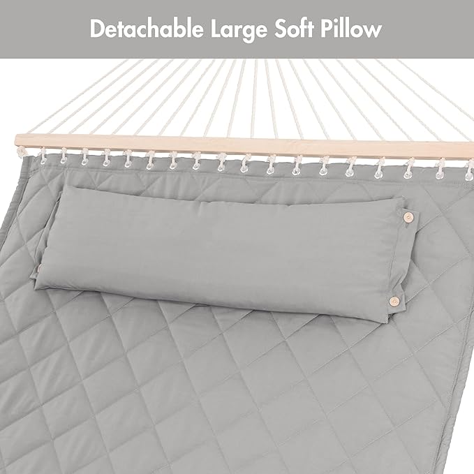 ANOW Heavy Duty Hammock with Spreader Bars and Detachable Pillow, 2 Person Hammock for Outdoors Indoors, 450 LBS Weight Capacity, Light Gray