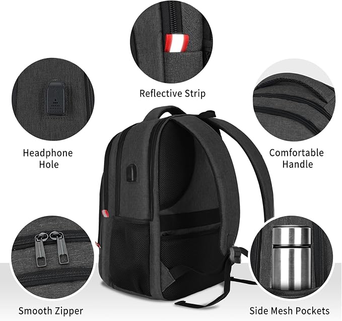 Backpack for Men,School Backpack for boys teens with USB Charging Port,Water Resistant Backpacks for School, Business Work College bookbag,book bag Fits 15.6 Inch,Black Back Pack