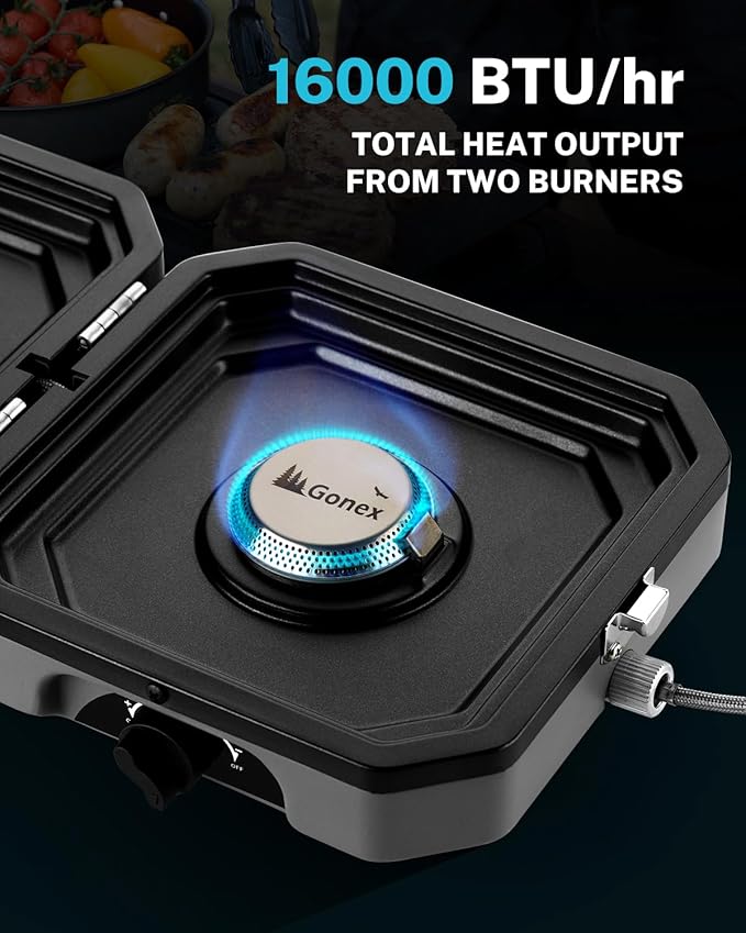 Gonex 2 Burner Propane Camping Stove with Griddle & Grates, Portable Foldable Cooking Stove with Total 16,000 BTU, Two Piezo Ignition Adjustable Burners for Camping, Patio, Emergency, Hiking (Grey)