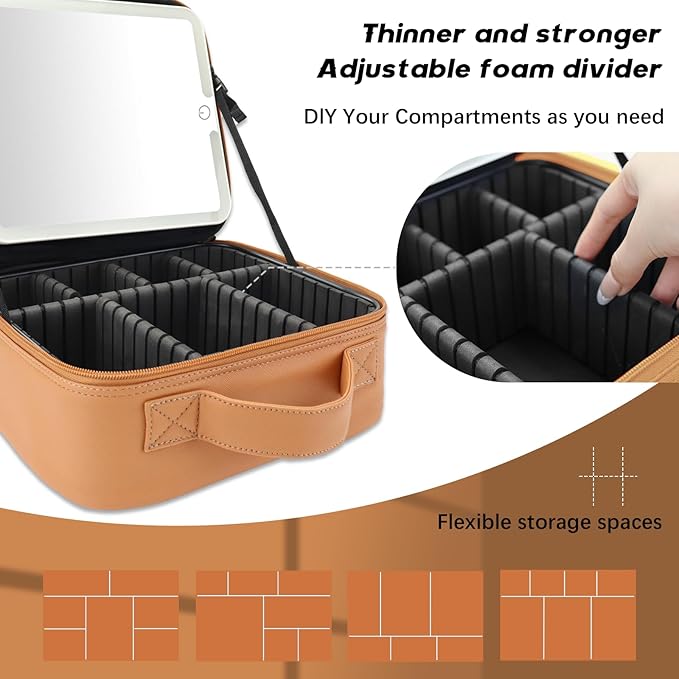 Makeup Bag with Led Mirror,Travel Makeup Organizer with 3 Color Setting, Portable Storage and Adjustable Dividers Travel Makeup Bag(light brown)