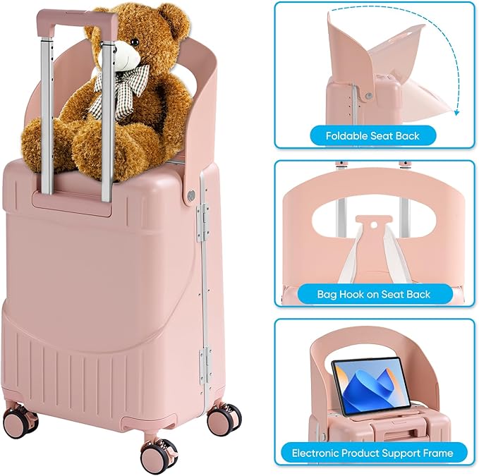 TABU 20" Ride-on Luggage with Seat For Kids & Adults，Carry On Hardshell Ride On Suitcase with 360° Lockable Spinner and TSA Lock, Pink