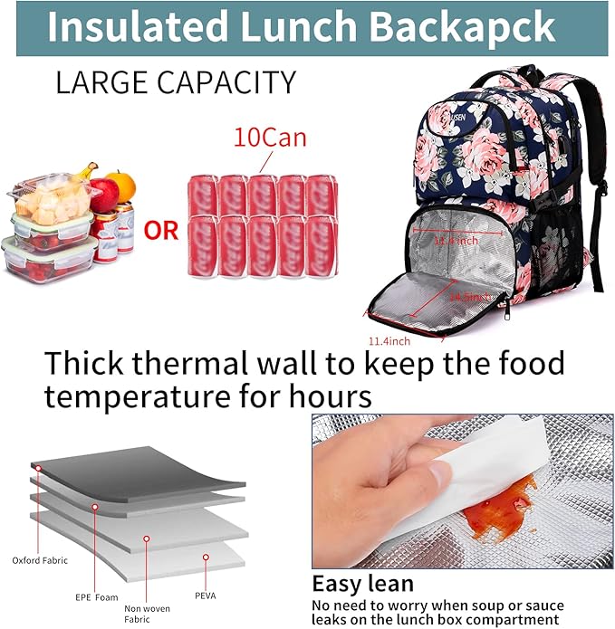 HILUSEN Lunch Cooler Backpack for Women, Extra Large 17 inch Travel Laptop Backpack with USB Charging Port, Water Resistant