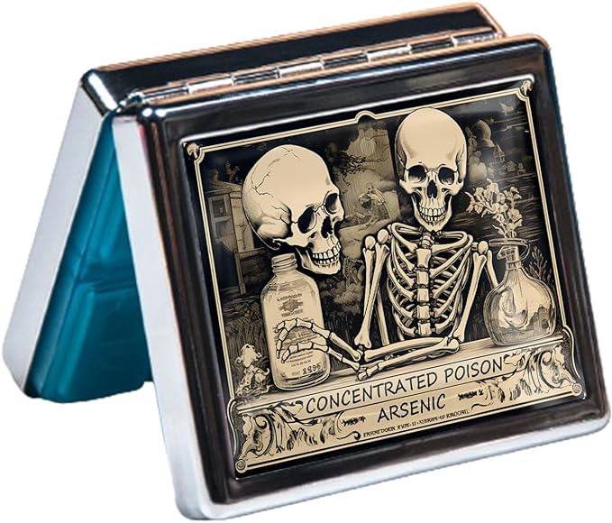 Silver Vintage Pill Box 7 Day Metal Pill Box with Mirror and 8 Compartments Cute Travel Pill Organizer for Purse (Concentrated Poison)