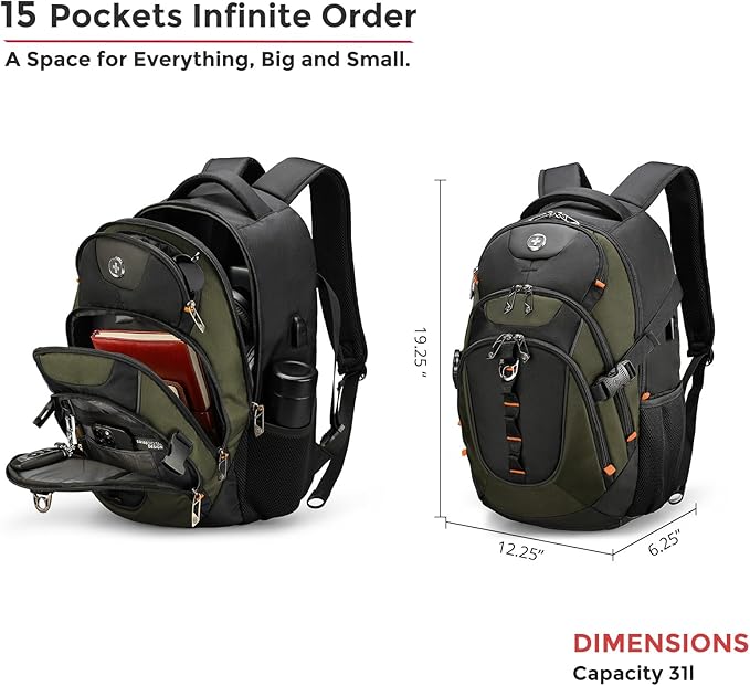 Swissdigital Design Laptop Backpack with USB Charging Port, TSA Travel Backpack Fits 15.6 inches Computer, 31L College School Backpack for Men, Olive/Black | SD803-26