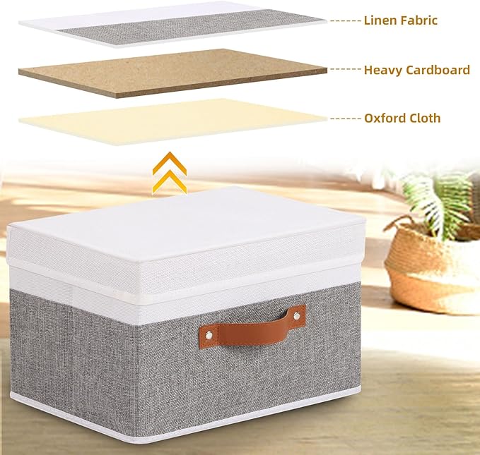 Fabric Storage Boxes with Lids, Linen Foldable Cloth Baskets, Closet Organizer Containers with Double Handles, Sweater Bins for Bedroom, White and Grey, 5 Pack, 13 x 9.1 x 7.9 Inch