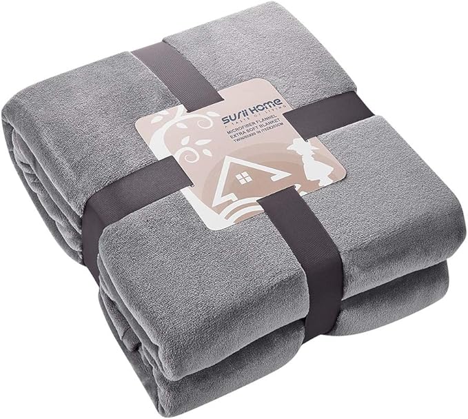Surii Home Luxury Microfiber Flannel Blanket, Super Soft, Warm, Cozy, Fluffy, and Breathable, Perfect Throws for Bed, Couch, Sofa, for All Season Use. 350GSM Twin Size 60x80 Inches(Grey)