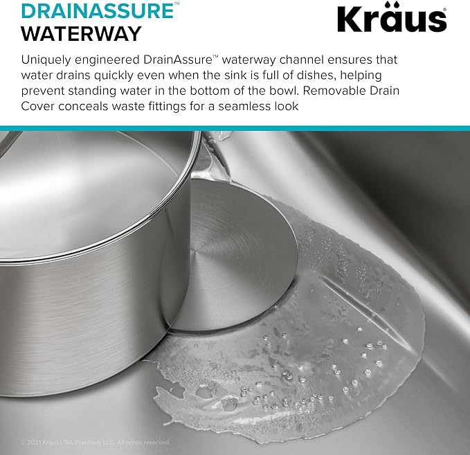 KRAUS Dex 33-Inch Undermount 50/50 Double Bowl TRU16 Gauge Stainless Steel Kitchen Sink with DrainAssure WaterWay and VersiDrain Assembly in Radiant Pearl Finish, KD1UD33B