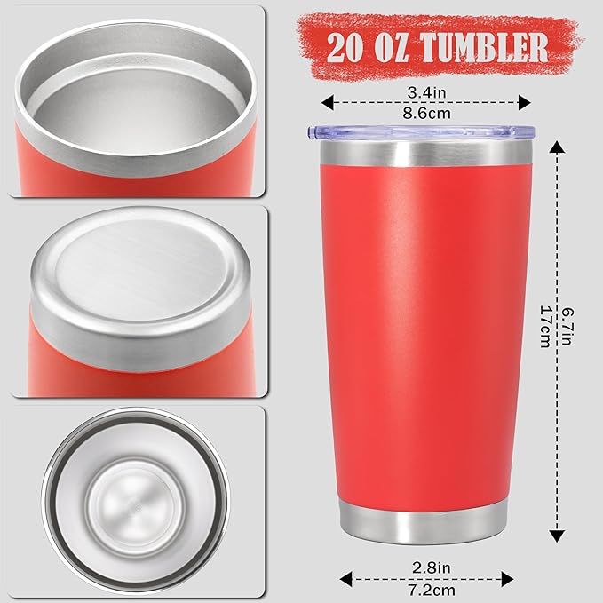 20 oz Tumbler Coffee Tavel Tumblers Bulk with Lid Stainless Steel Double Wall Vacuum Insulated Mug Powder Coated Cups fit Car Cupholder for Hot and Cold - Red, 8Pack