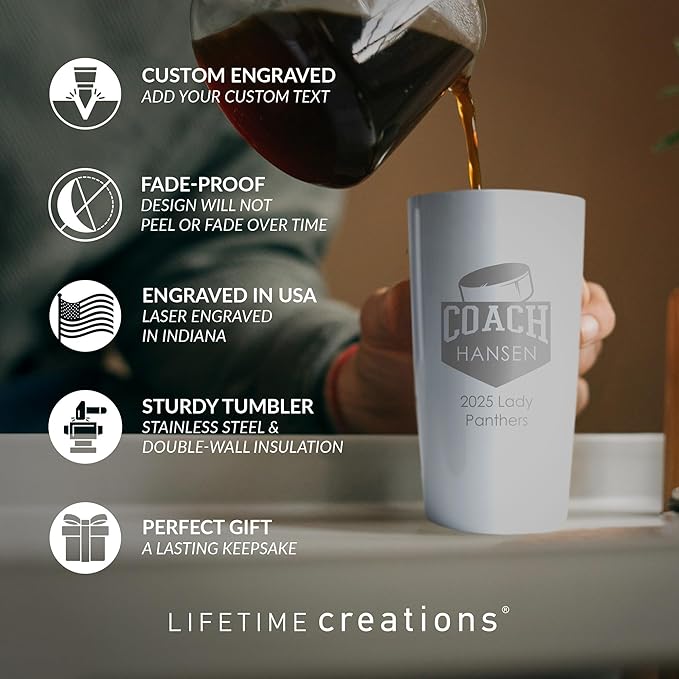 Lifetime Creations Personalized Hockey Coach Tumbler: Custom Hockey Coach Gift, Coaches Coffee Travel Mug from Team, Insulated Engraved Stainless Steel 20 Ounce Cup (White)