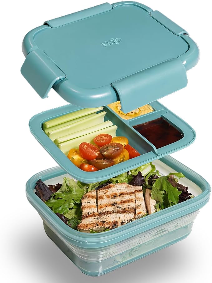 STOJO Collapsible Bento Box, Reusable, Leak-Proof, Microwave & Dishwasher Safe, Premium Lunch Container with Divider – Space-Saving, Transparent Design (Eucalyptus, 6-Cup/1.5L)