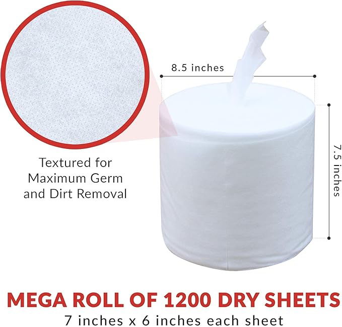 Dry Wipes Refill Set: 7200 Wipes (7" x 6"): Make Your Own Wet Wipes Using Your Preferred Cleaning Solution: 6 Refill Mega Rolls