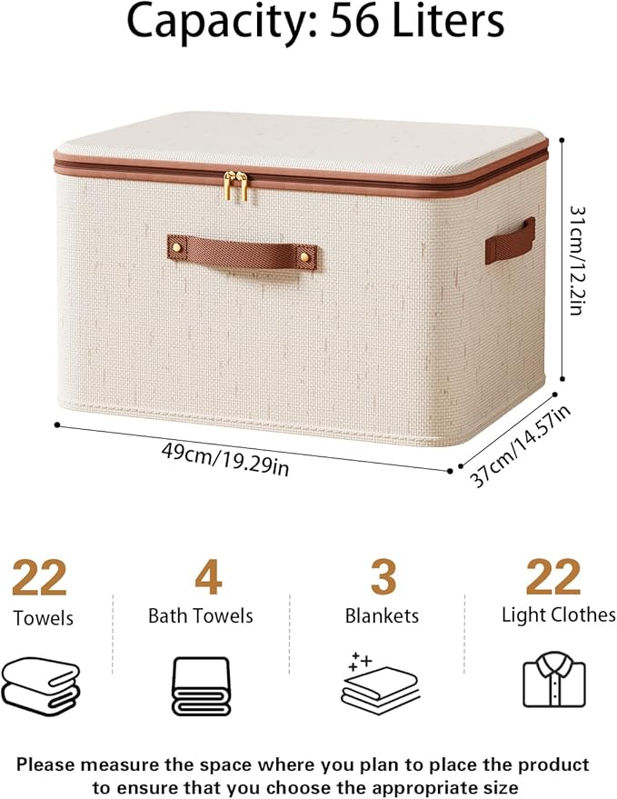 Tuza 3 Pcs Rigid Storage Bins with Zipper Lid, Cotton Linen Fabric Storage Boxes, Foldable Shelves Clothes Storage Cubes with Handles for Wardrobe, Closet(Beige, 56L)