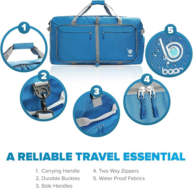 Bago Big XXL Foldable Duffel Bags for Traveling Women & Men - 140L Packable Duffle Bag for Travel with Shoe Compartment - Water Repellant, Heavy Duty, Lightweight Folding & Collapsible (Blue)