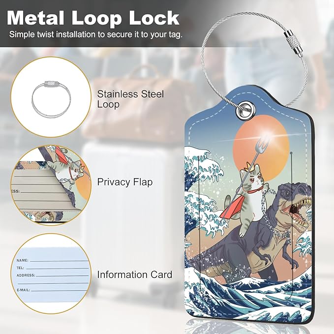 2Pack Luggage Tags for Suitcases, Cute Unique Pu Leather Cruise Luggage Tag with Privacy Cover ID Label Address Card and Metal Ring Suitable for Women Men Kids Travel Bag Dinosaurs and Cats