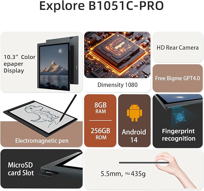Bigme 10.3" Color E-Ink Read-Write Tablet, ePaper Note Taking Tablet at 5.5mm Thickness, 8GB RAM+256GB ROM Computer Tablets Touchscreen Display with 5MP Camera and Digital Stylus